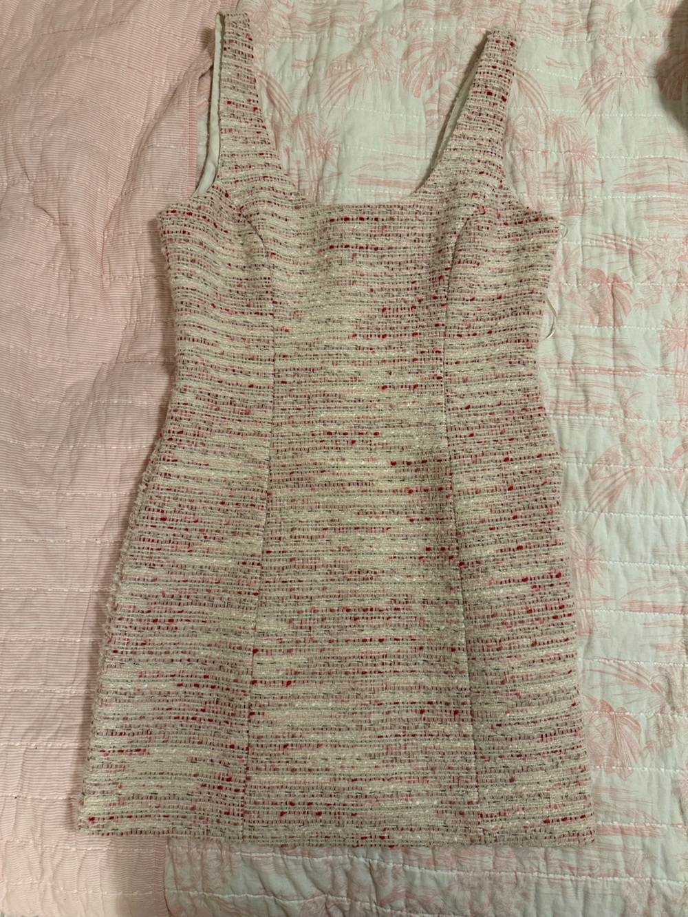 Aqua Cream Tweed Knit Dress with Pink Accents